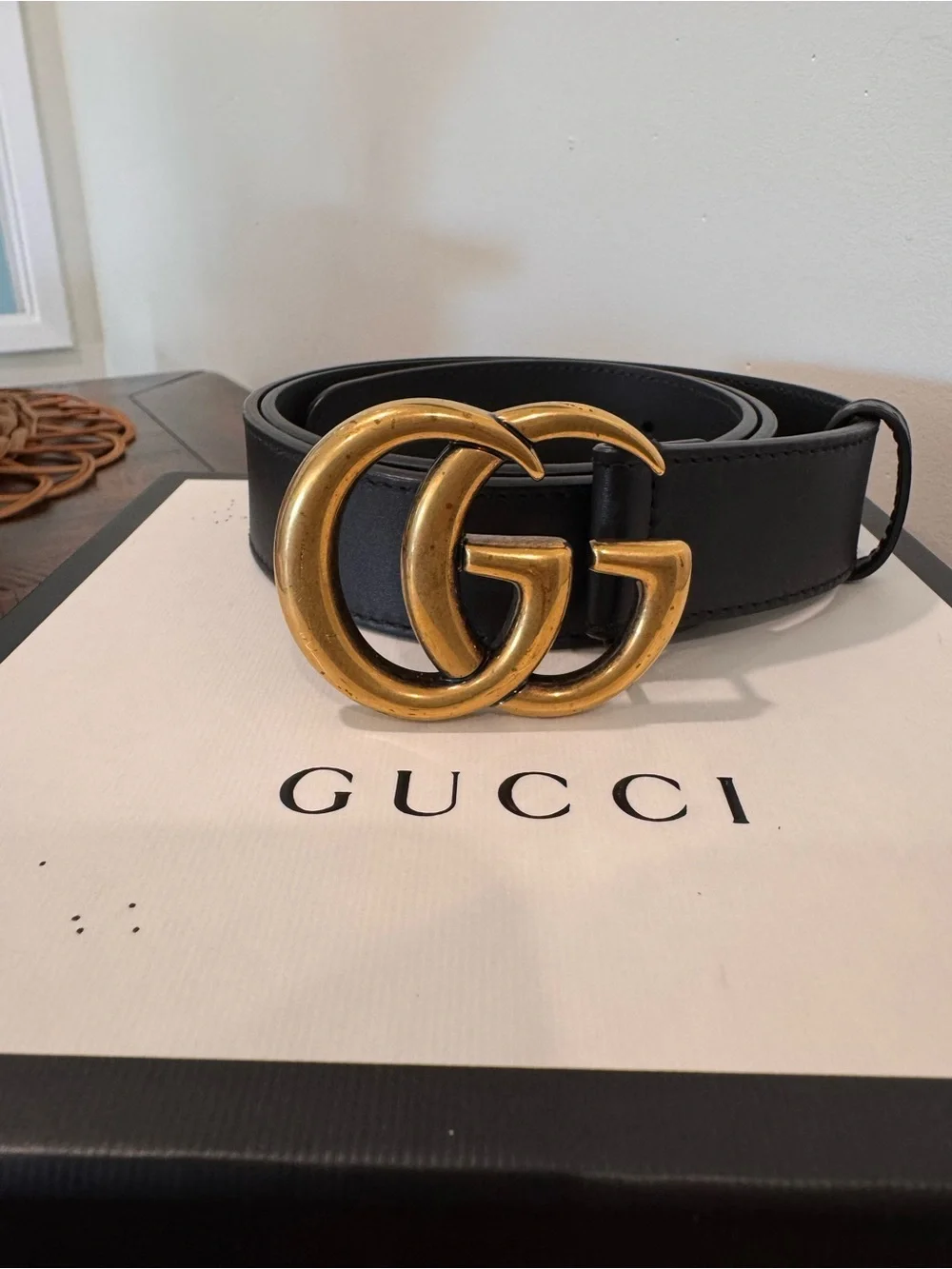 Gucci Black Leather Belt with Gold Double G Interlocking Buckle